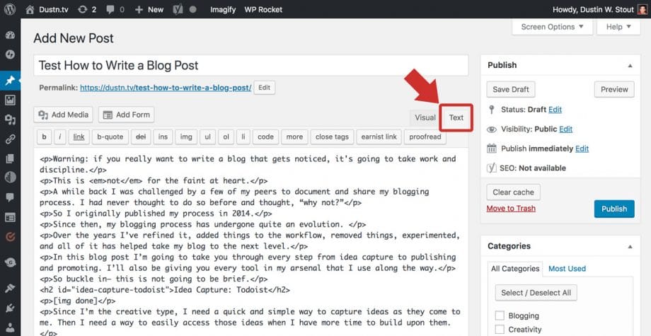 WordPress blog post editor with arrow pointing at Text tab