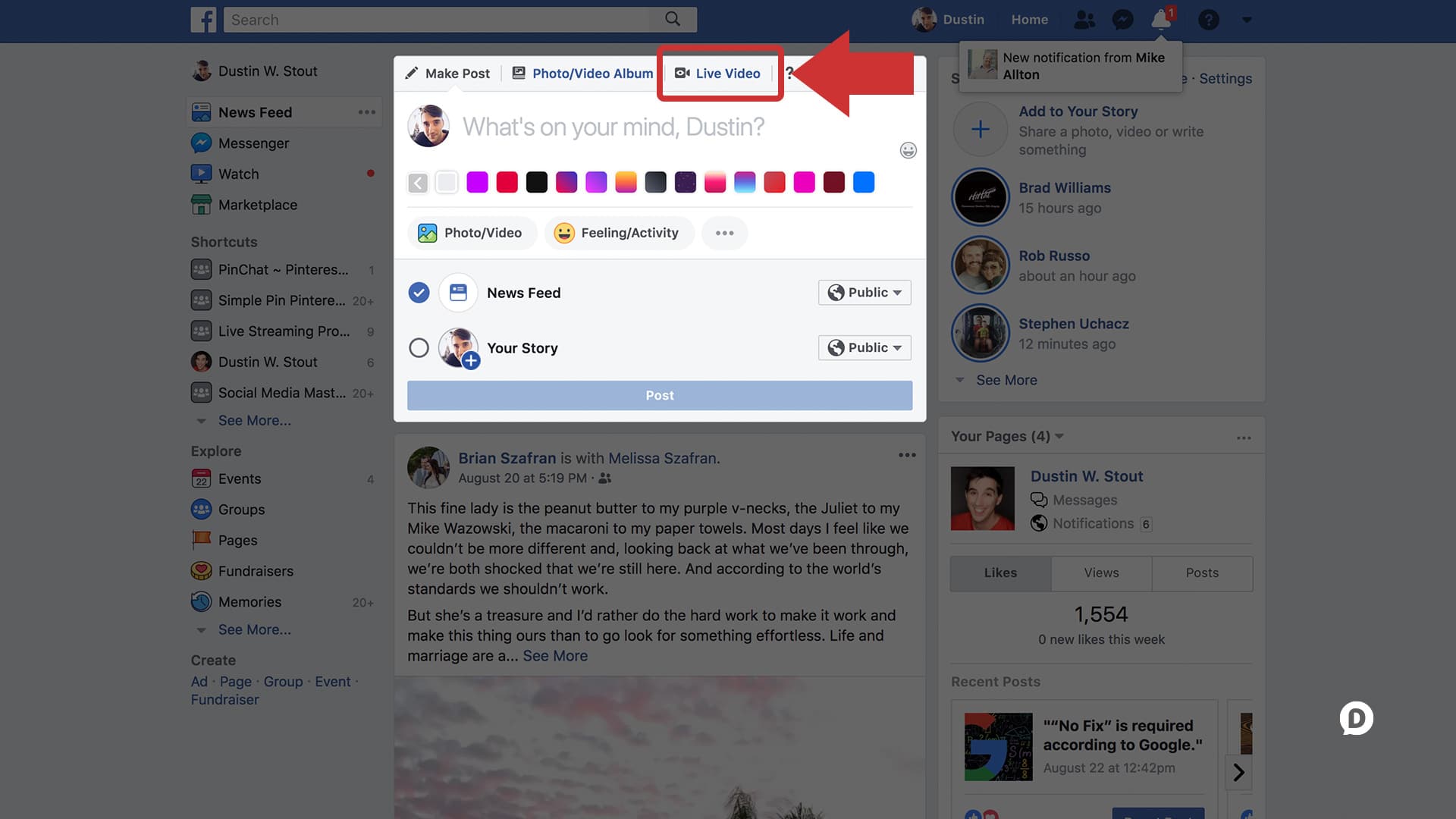 screenshot of facebook status with Live Video highlighted