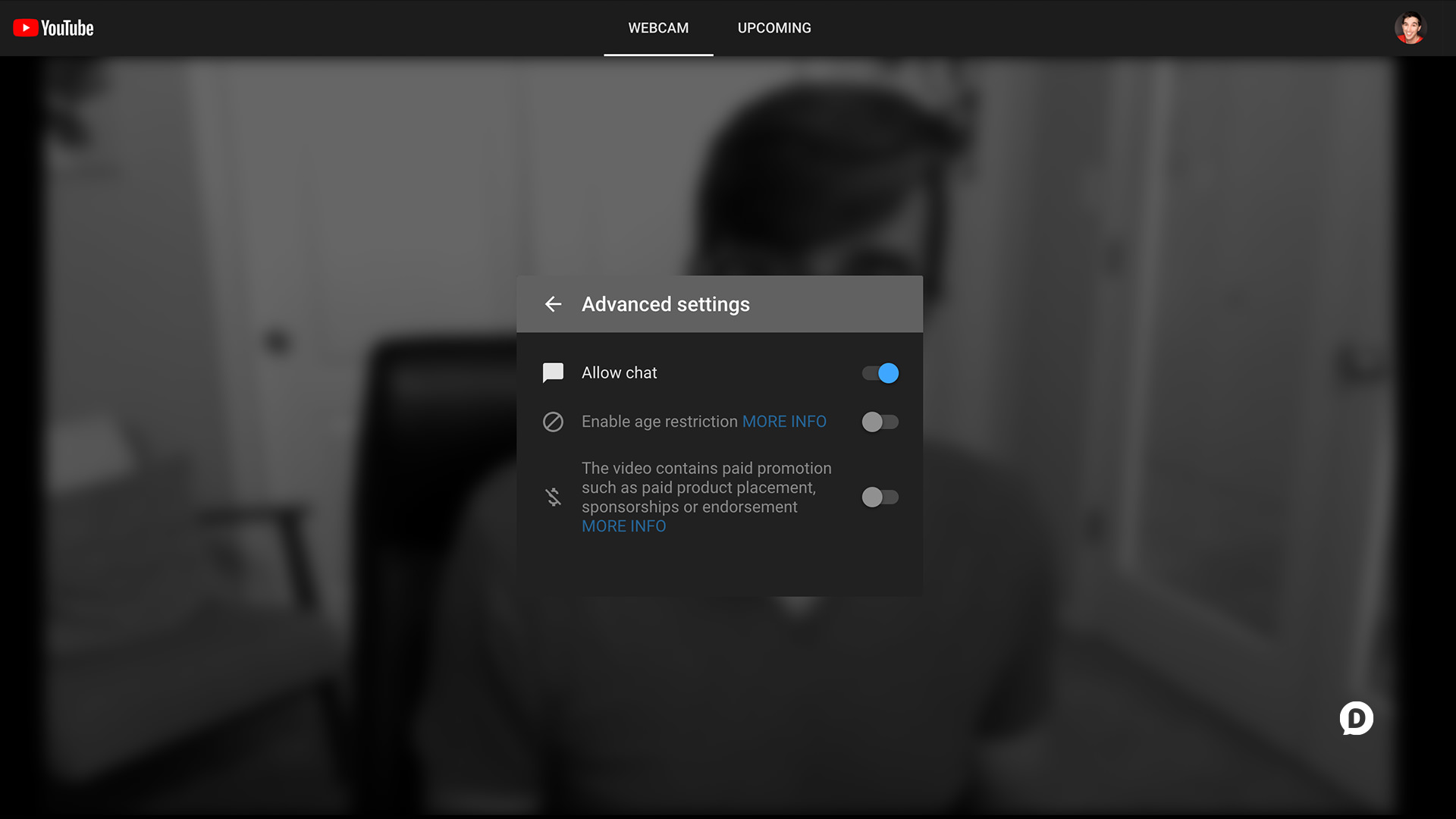 YouTube Live Streaming screenshot advanced options